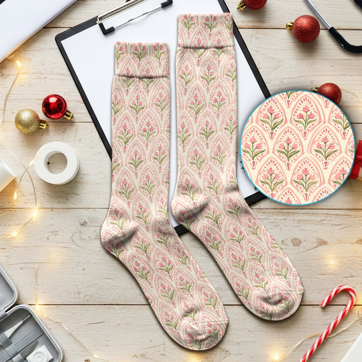 Pink Tulip Floral Arch Nurse Socks