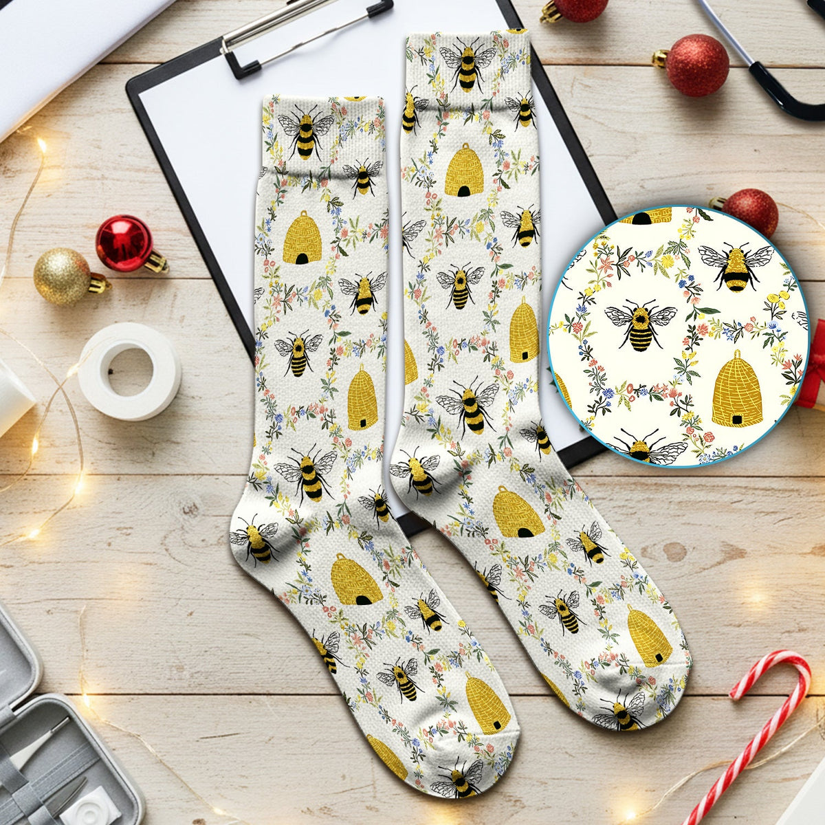 Honey Bee Beehive Floral Nurse Socks
