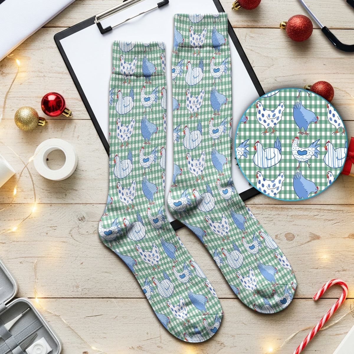 Blue Chicken Gingham Nurse Socks