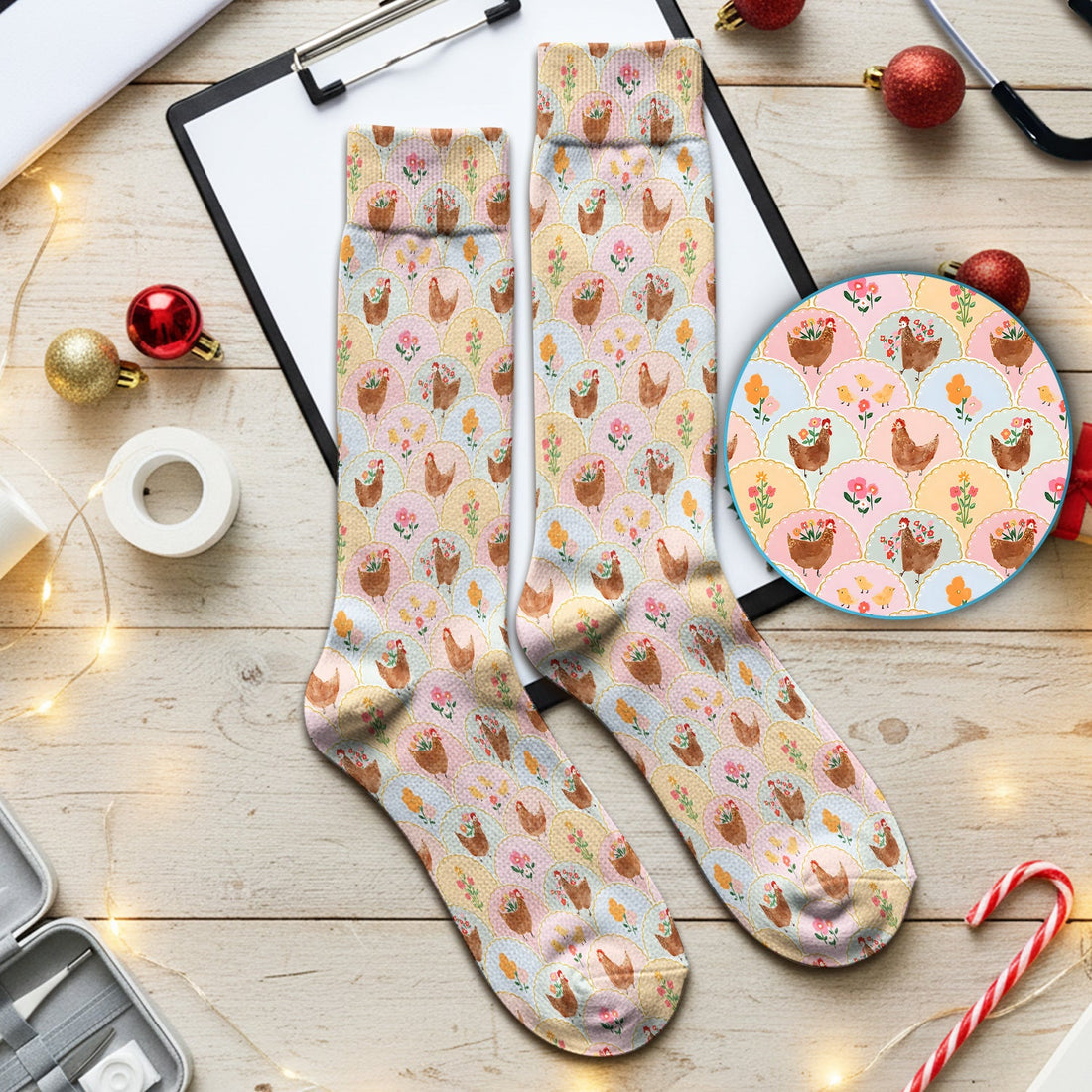Pastel Chicken Floral Nurse Socks