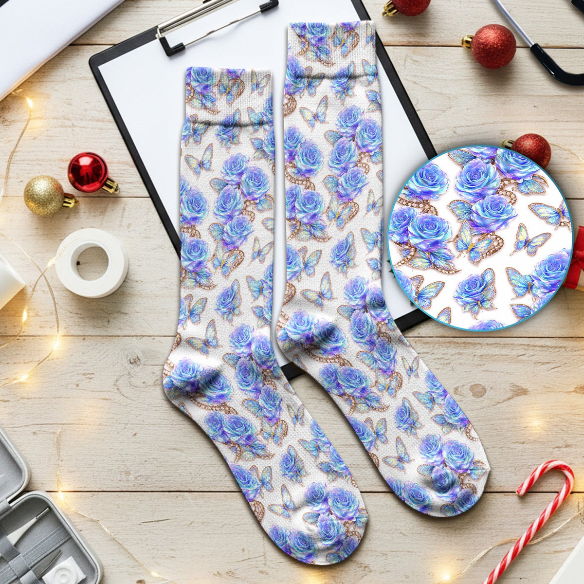 Blue Rose Butterfly Floral Nurse Socks