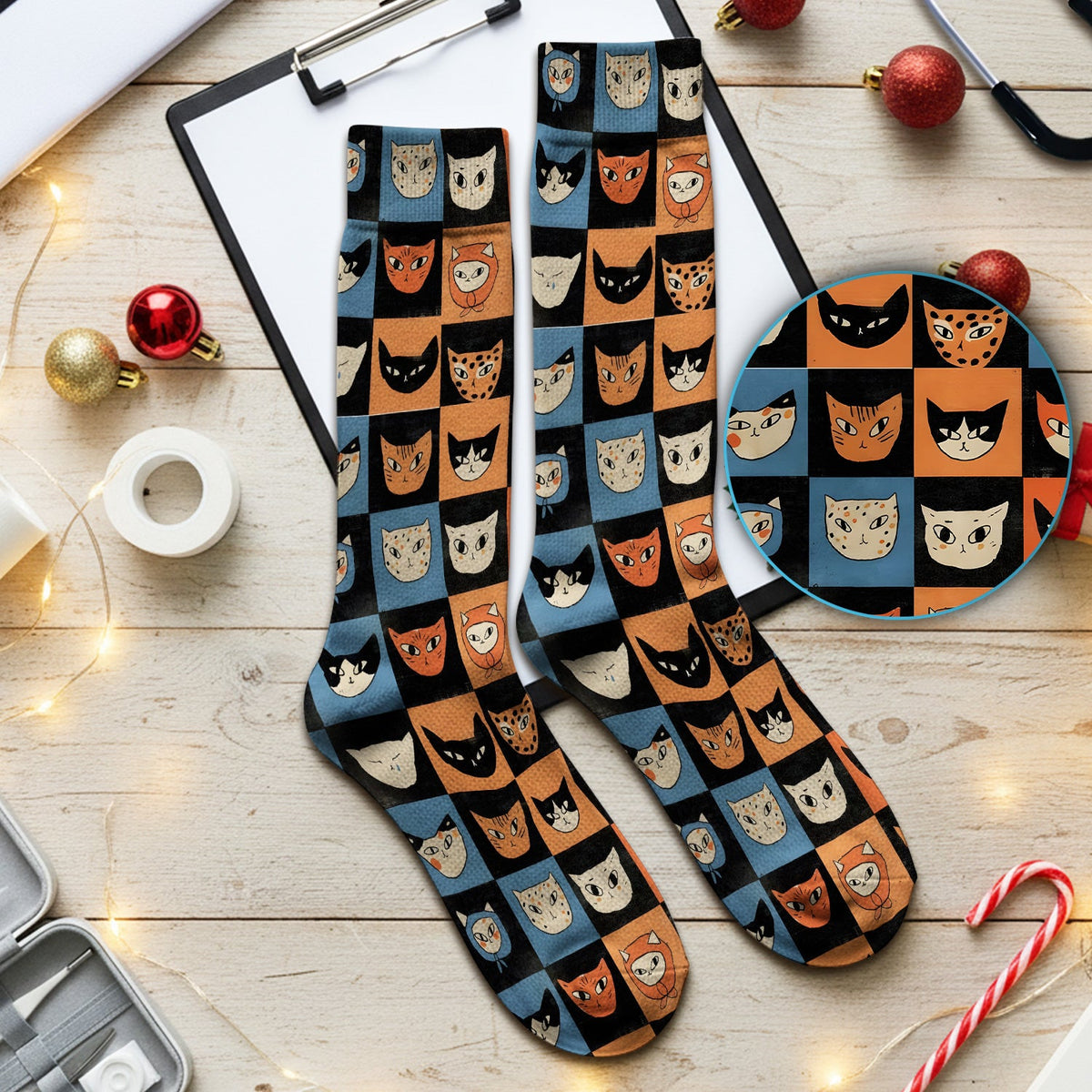 Retro Cat Checkerboard Nurse Socks