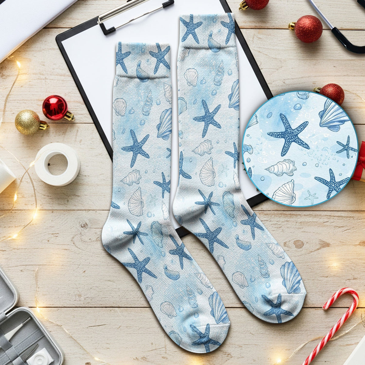 Blue Sea Shells Starfish Nurse Socks