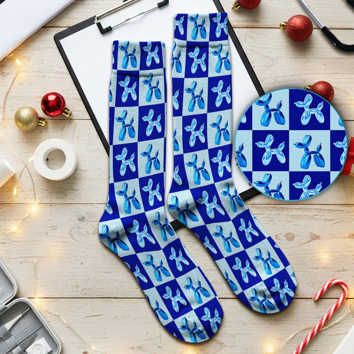 Cute Blue Balloon Dog Checkered Nurse Socks