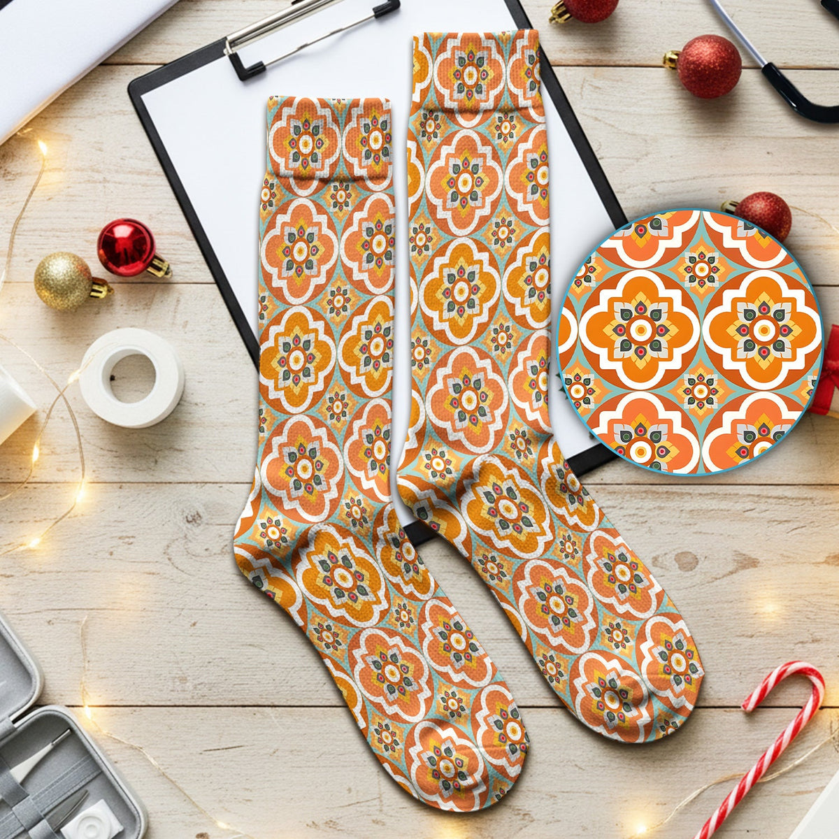 Orange Retro Geometric Floral Nurse Socks