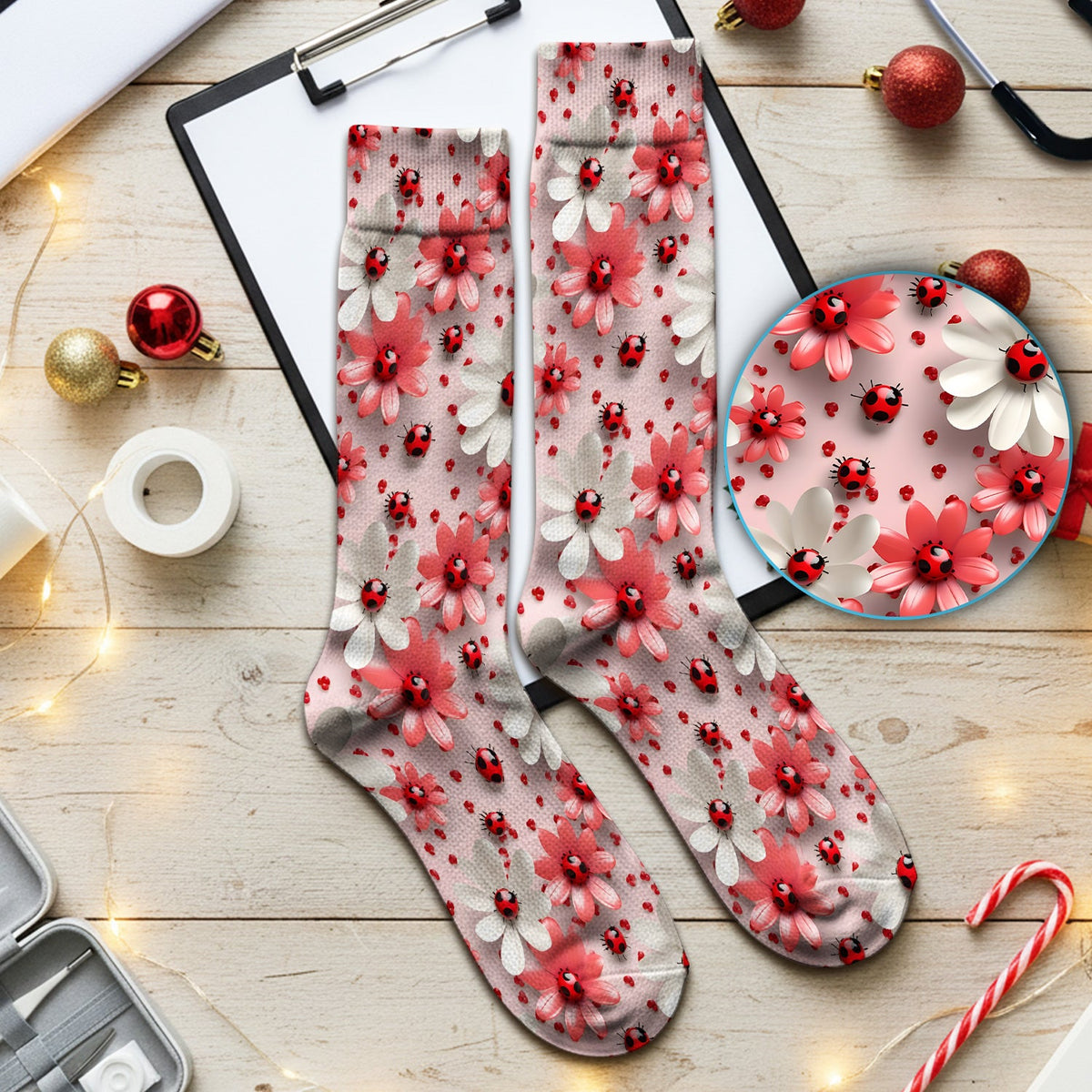 Red Ladybug Flower Nurse Socks