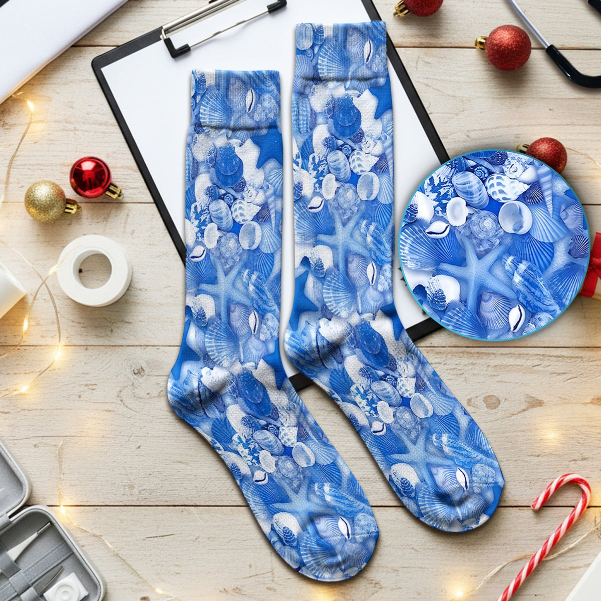 Blue Seashell Starfish Ocean Nurse Socks