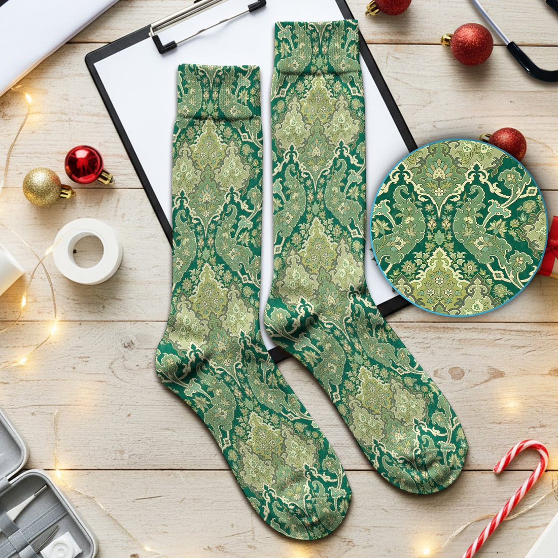 Green Vintage Damask Ornamental Nurse Socks