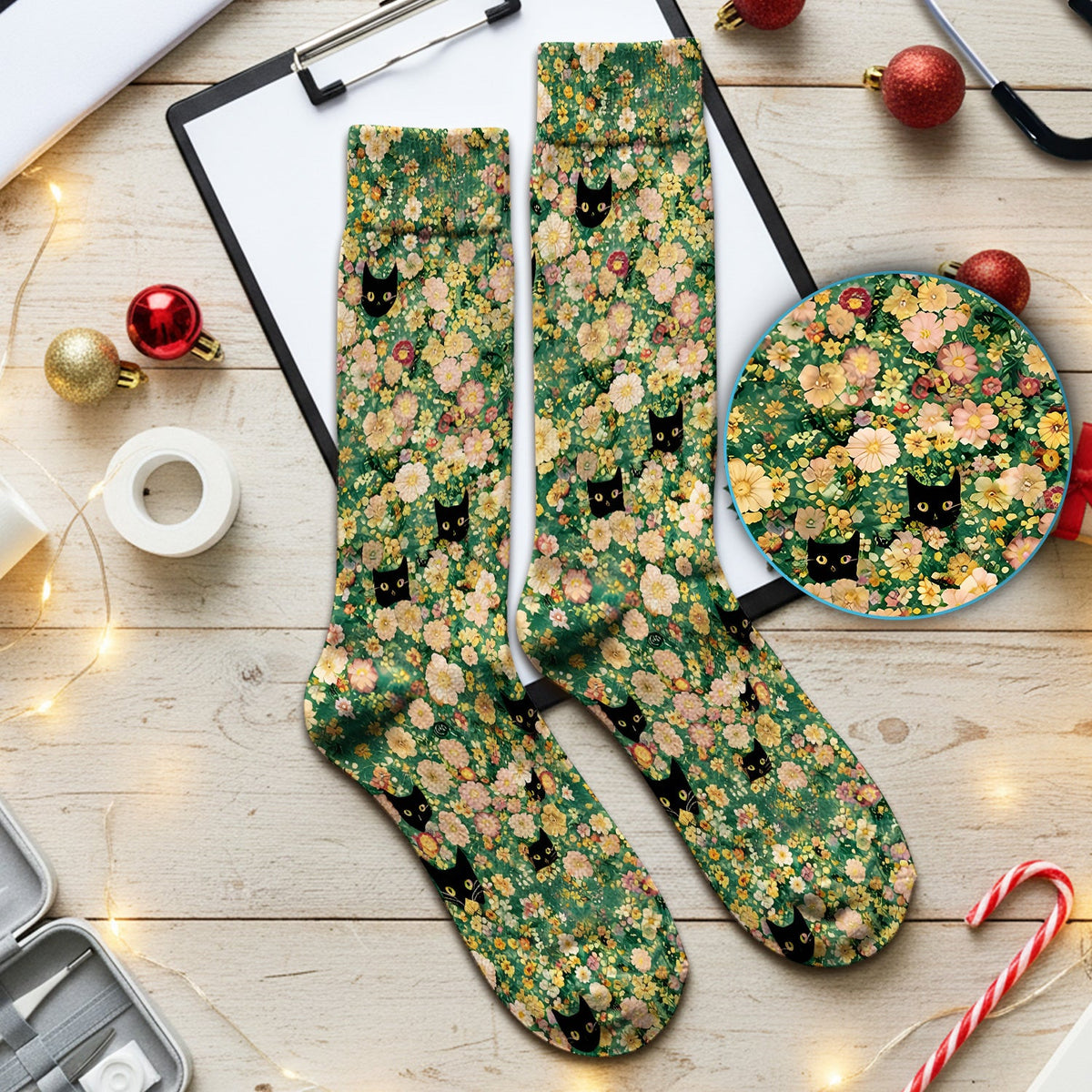 Cute Black Cat Floral Garden Nurse Socks