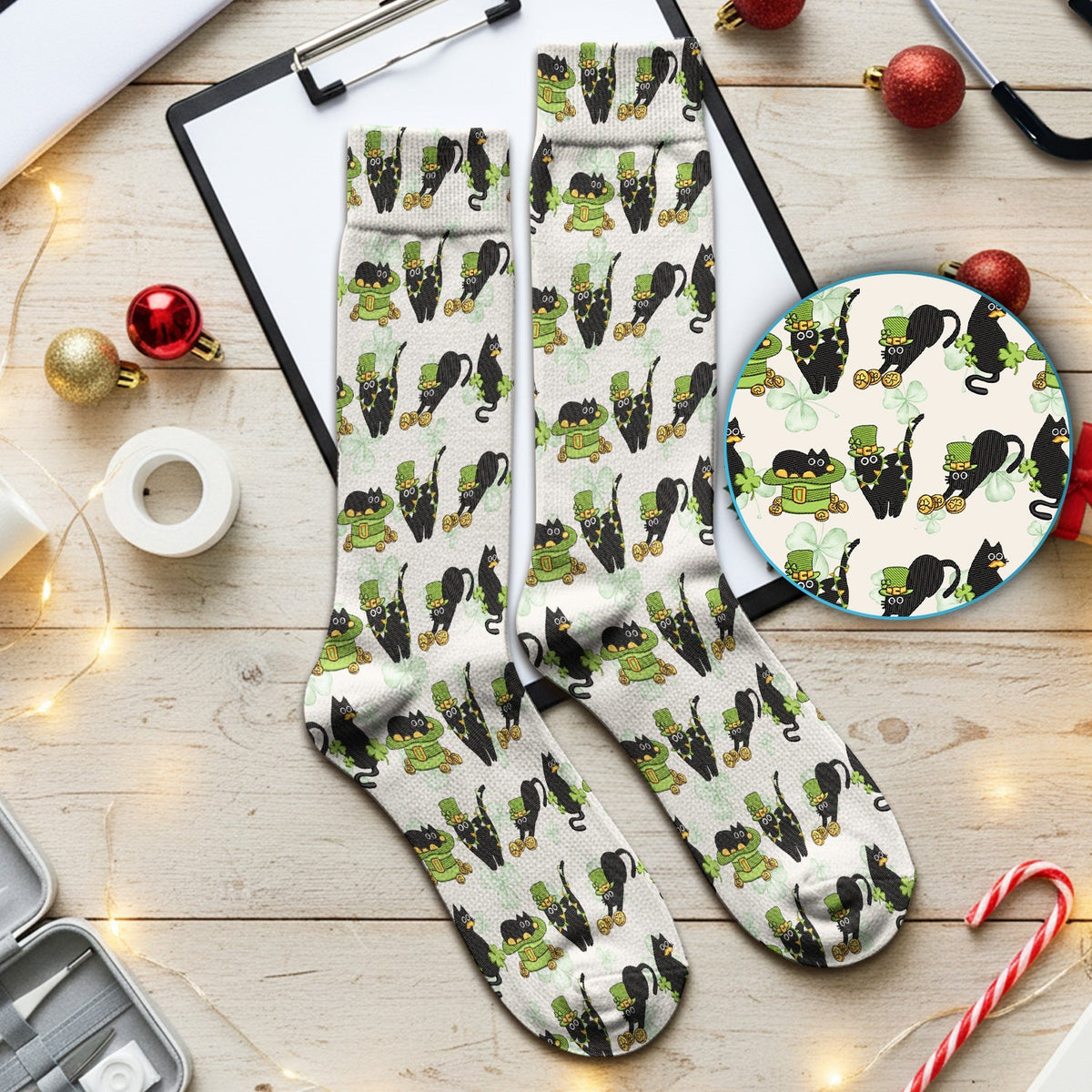 St Patrick Black Cat Clover Nurse Socks