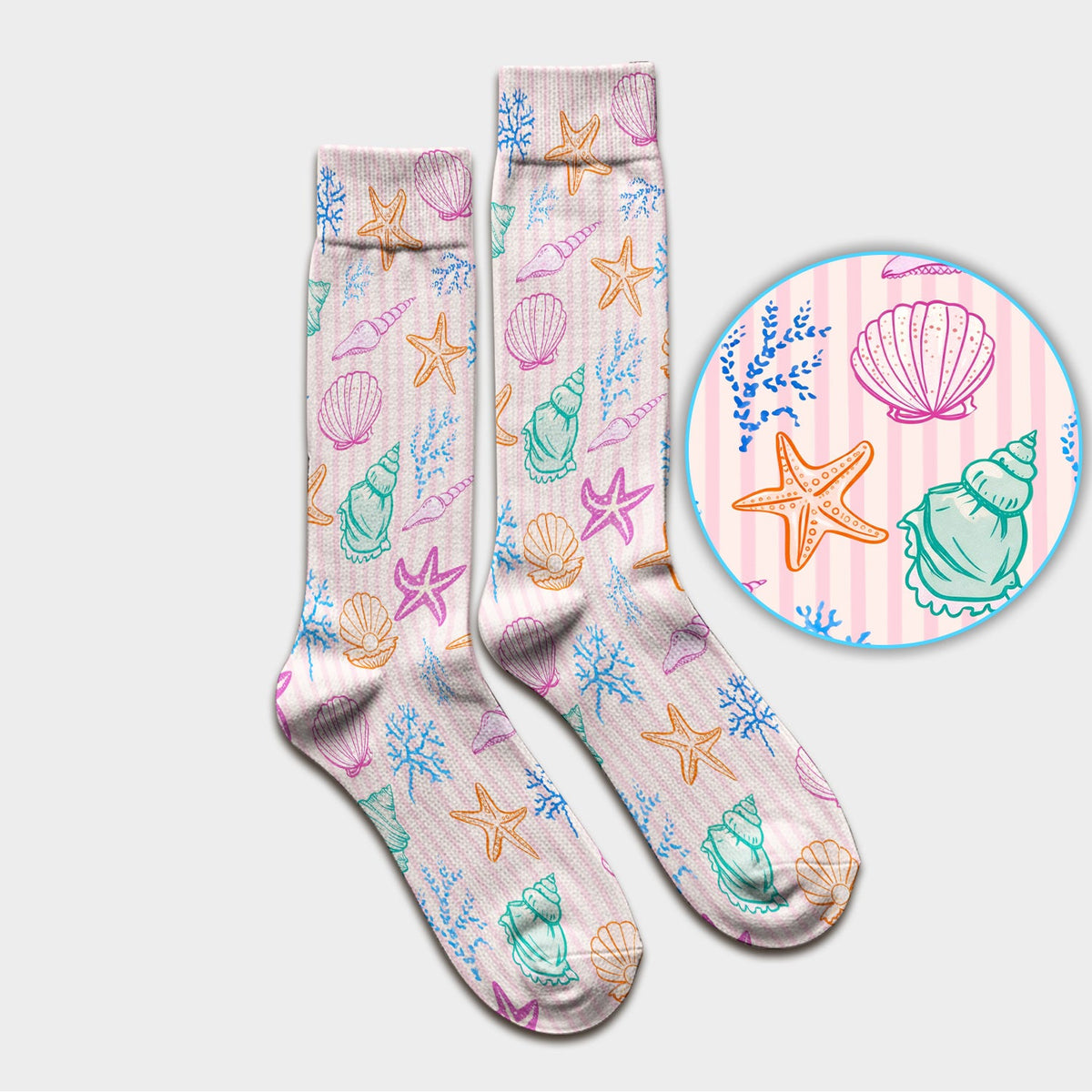 Colorful Seashell Starfish Ocean Stripe Nurse Socks
