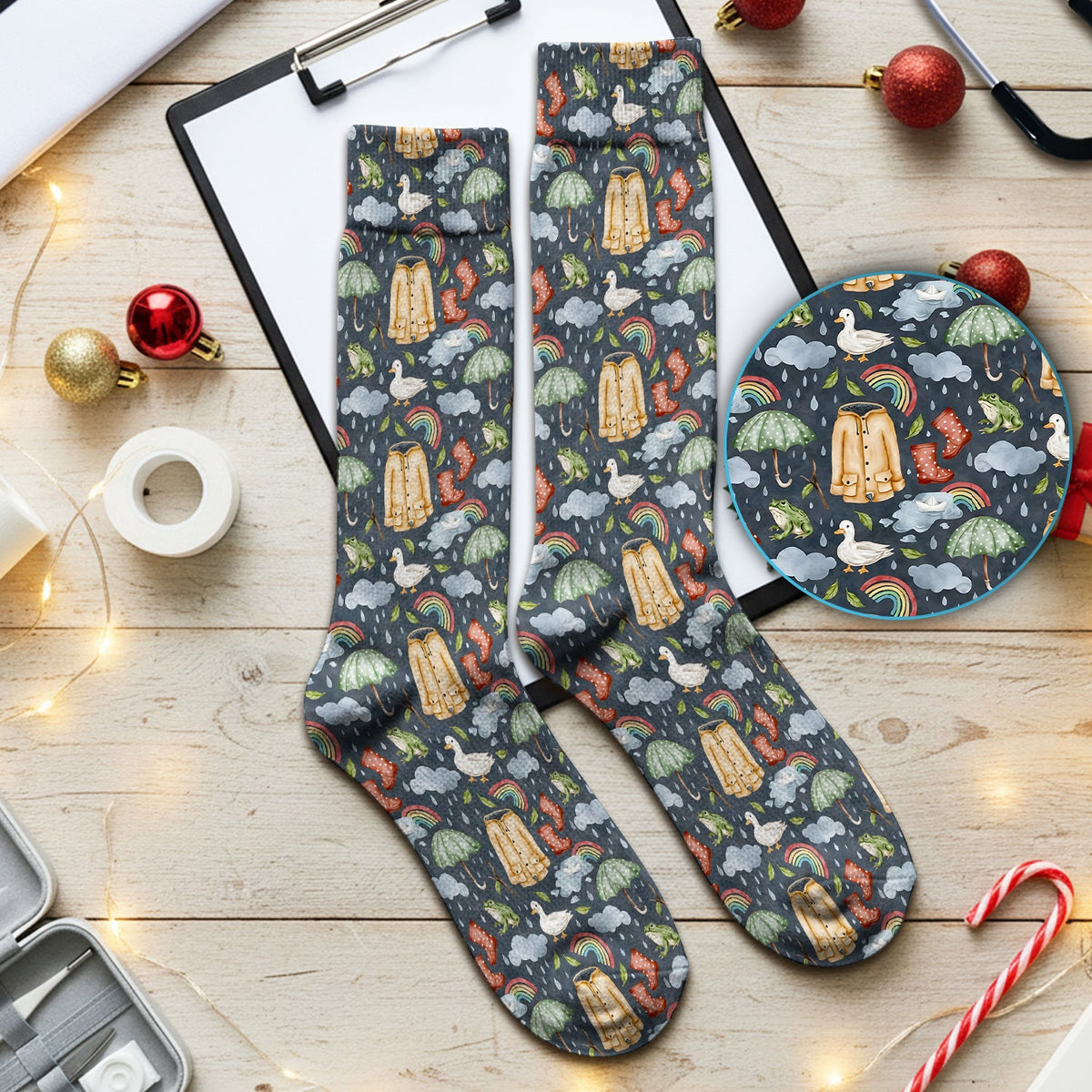 Rainy Day Ducks & Frog Nurse Socks