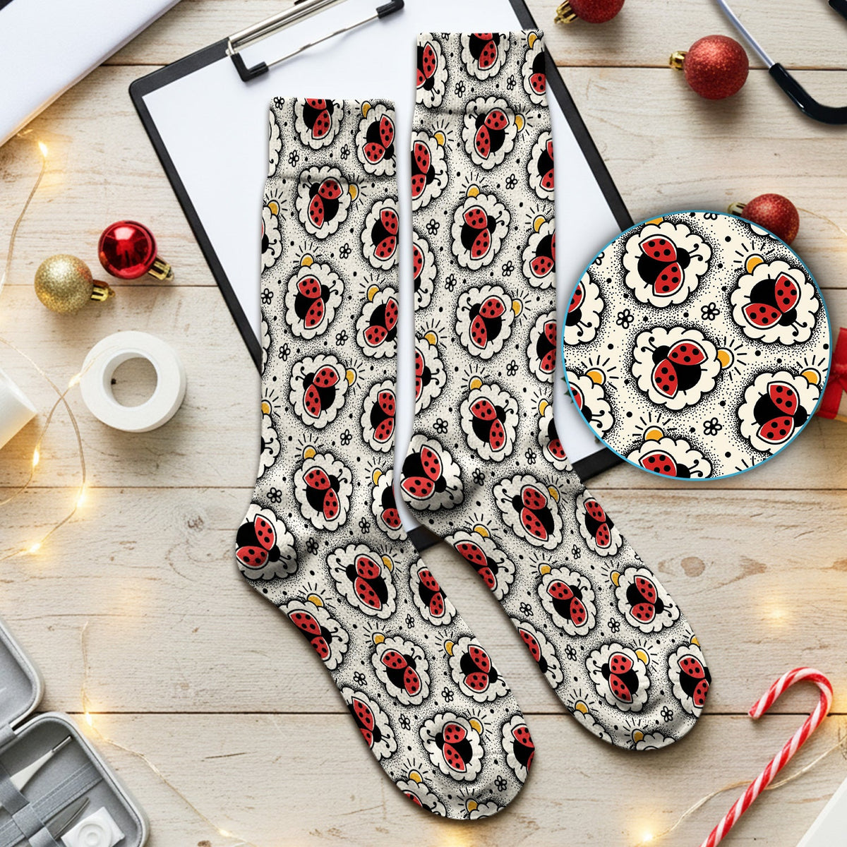 Ladybug Floral Frame Nurse Socks