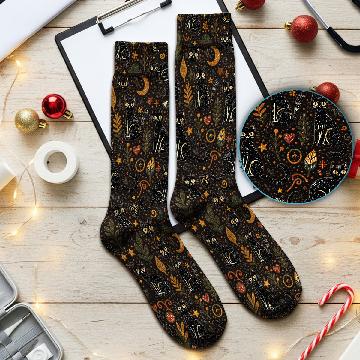 Mystic Black Cat Celestial Nurse Socks