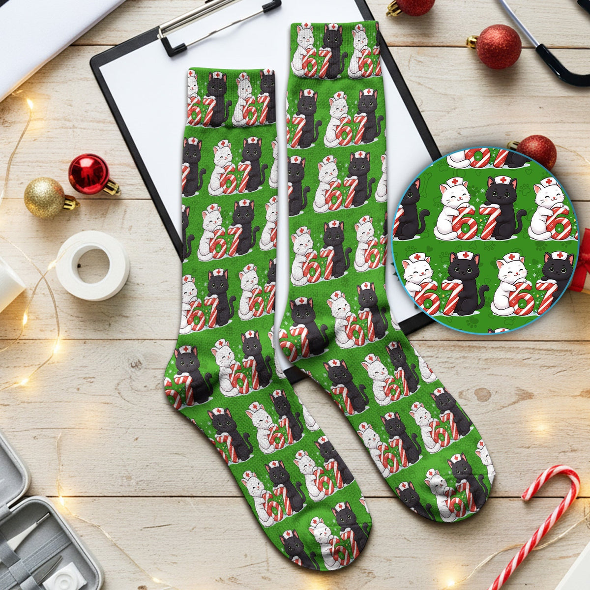 Xmas Cat Six Seven Nurse Socks