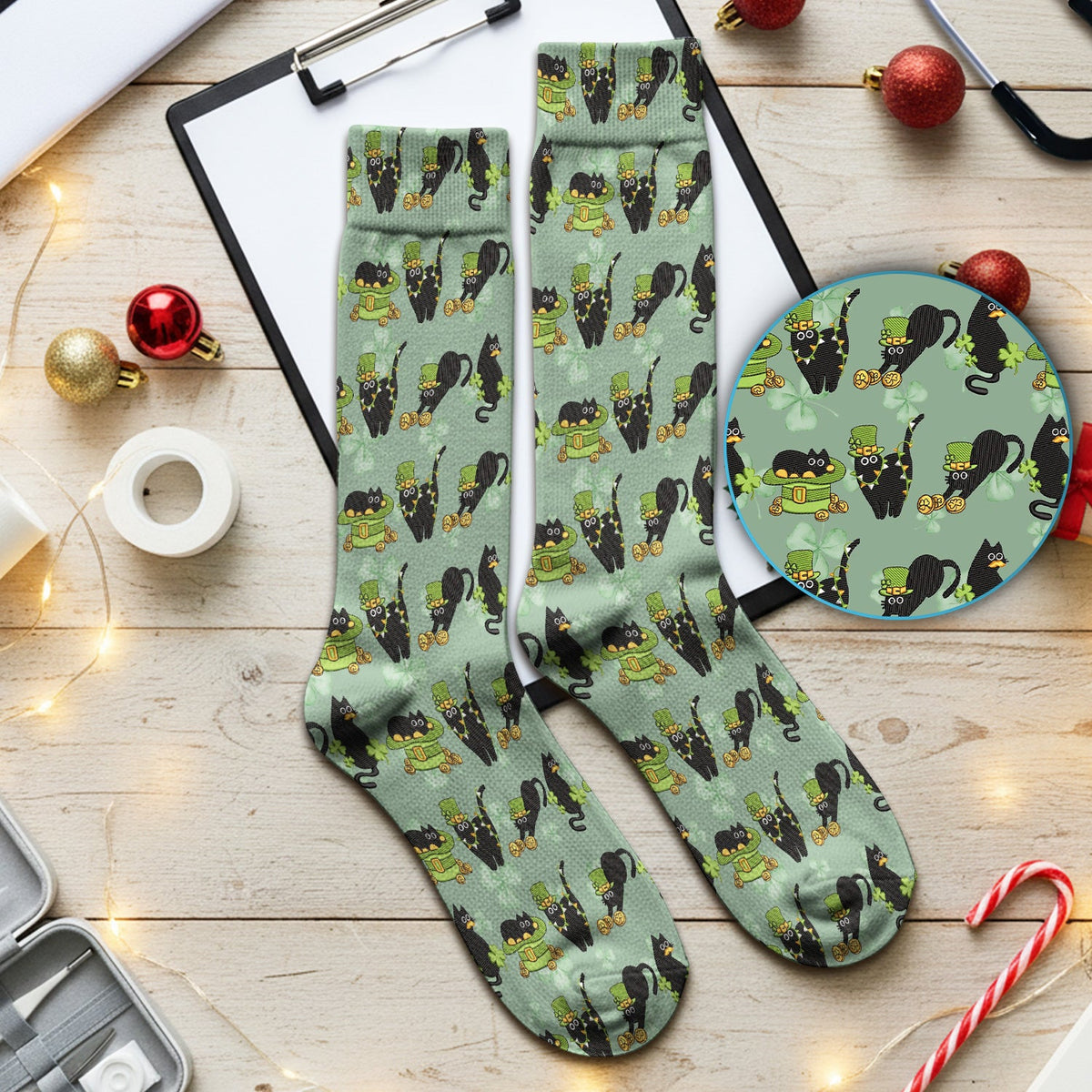 St Patrick Black Cat Clover Nurse Socks