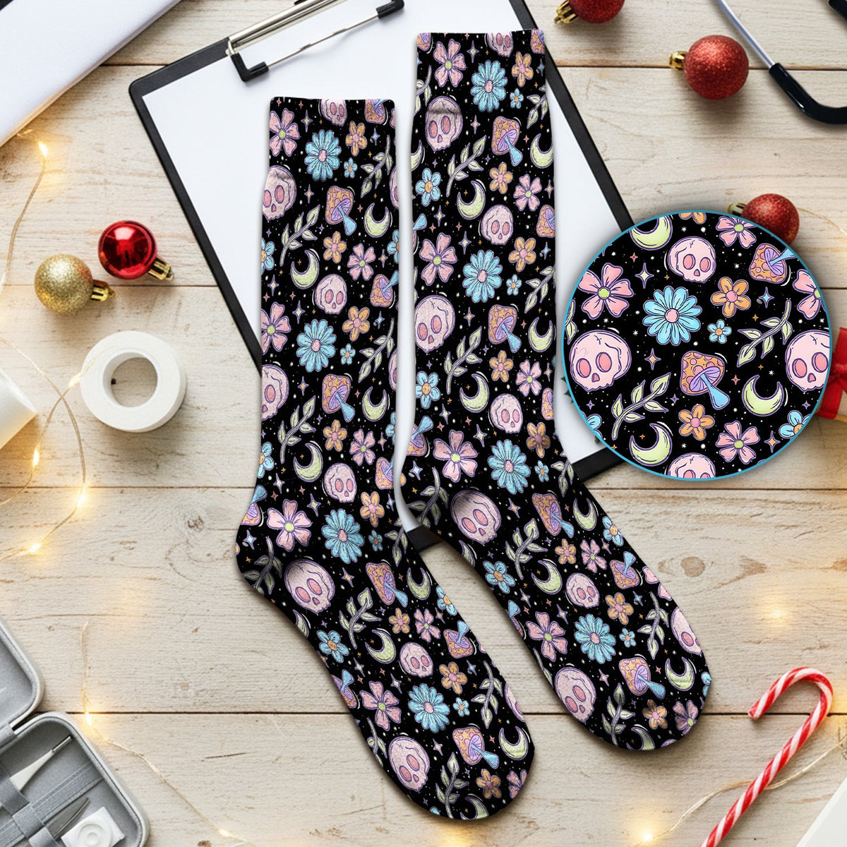 Neon Skull Mushroom Floral Nurse Socks