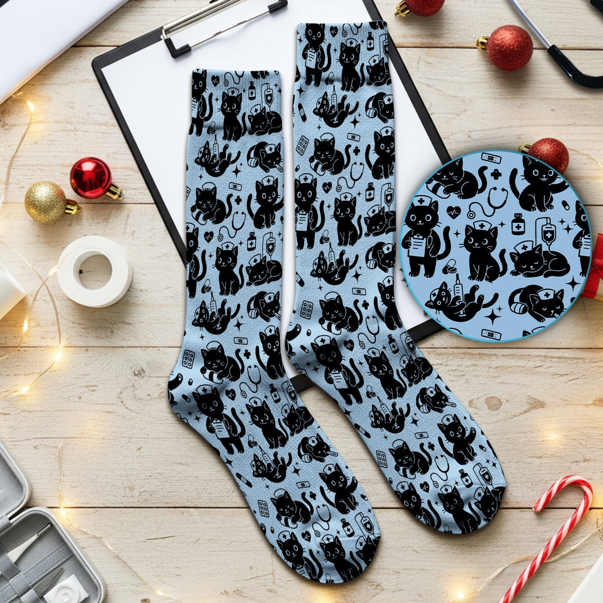 Cute White Black Cat Nurse Socks