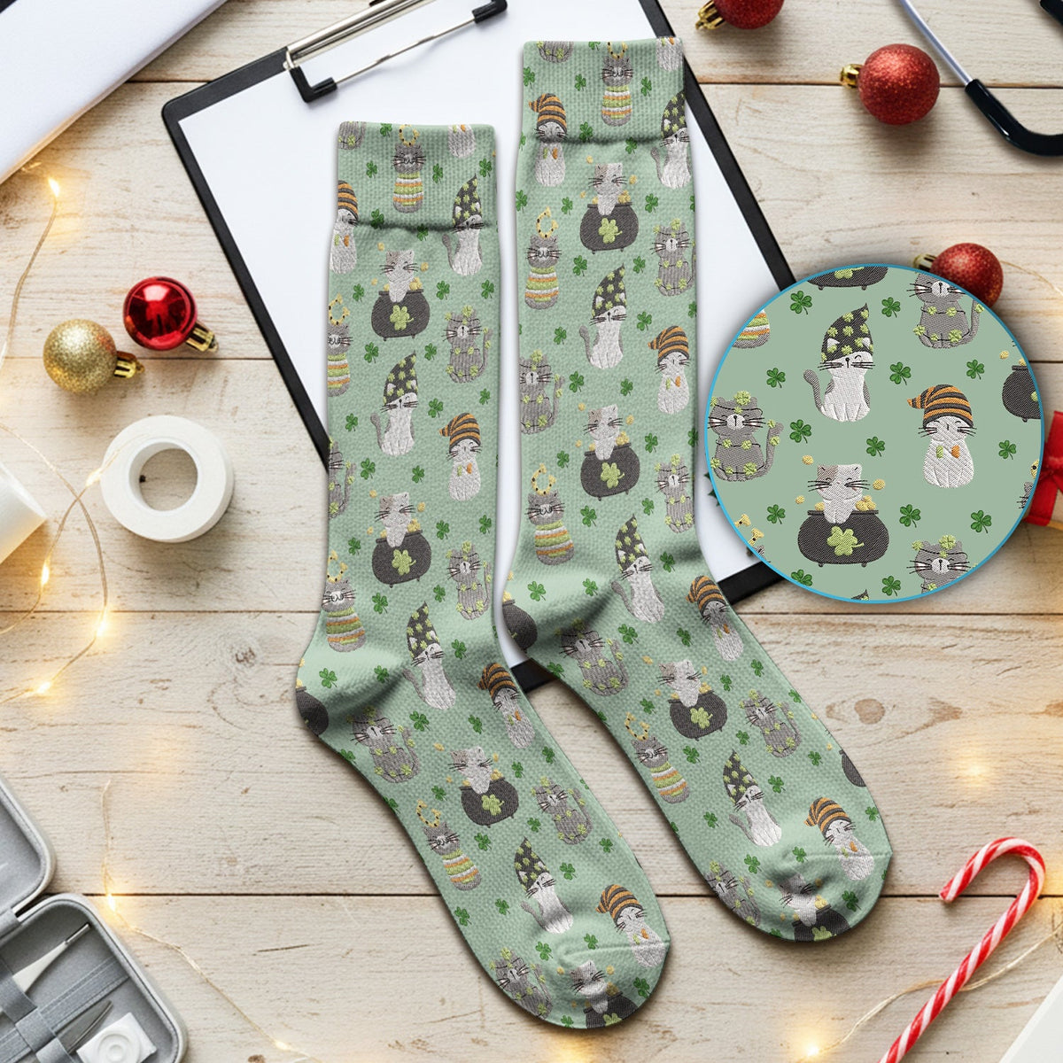 St Patrick Lucky Cat Shamrock Nurse Socks