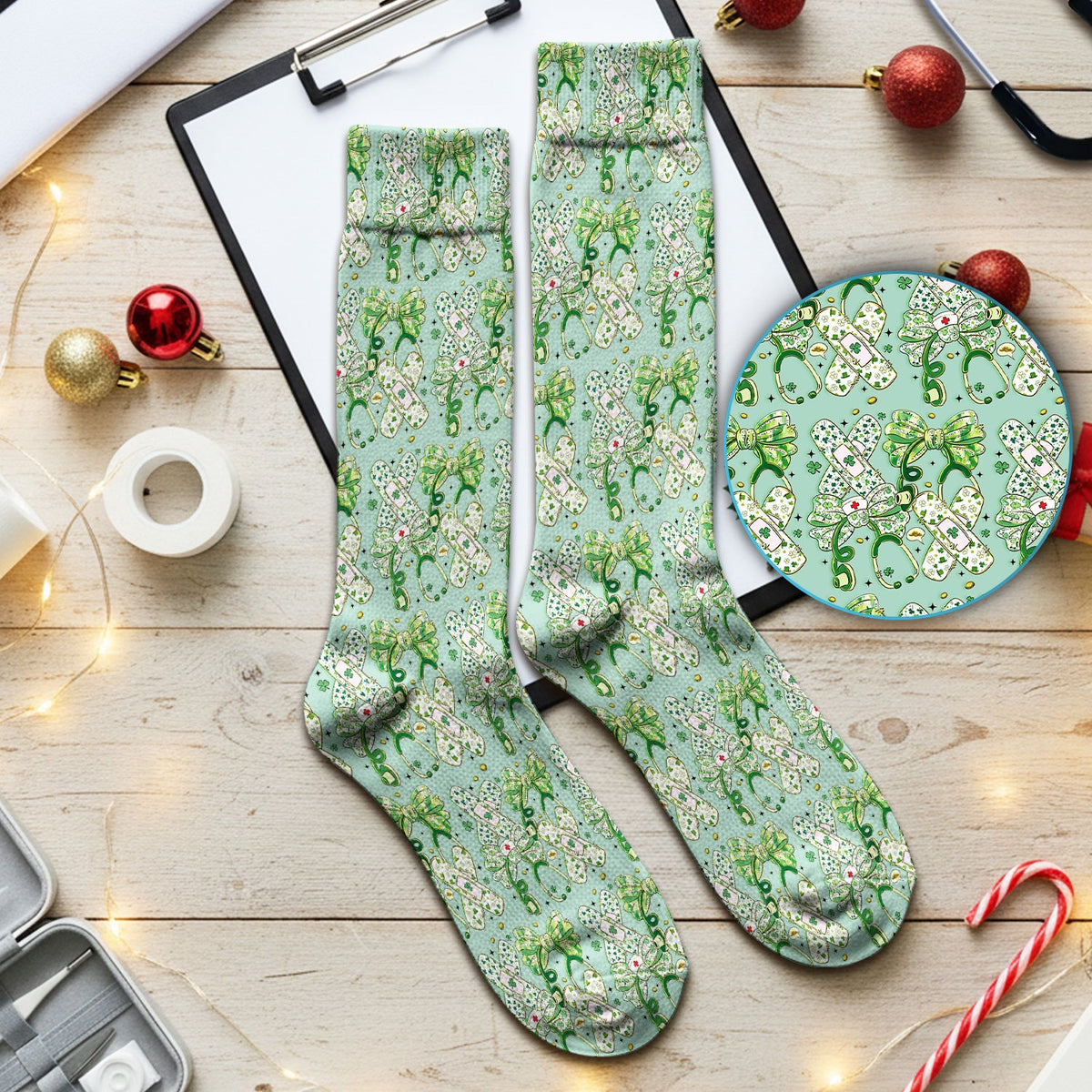 St Patrick Shamrock Stethoscope Nurse Socks
