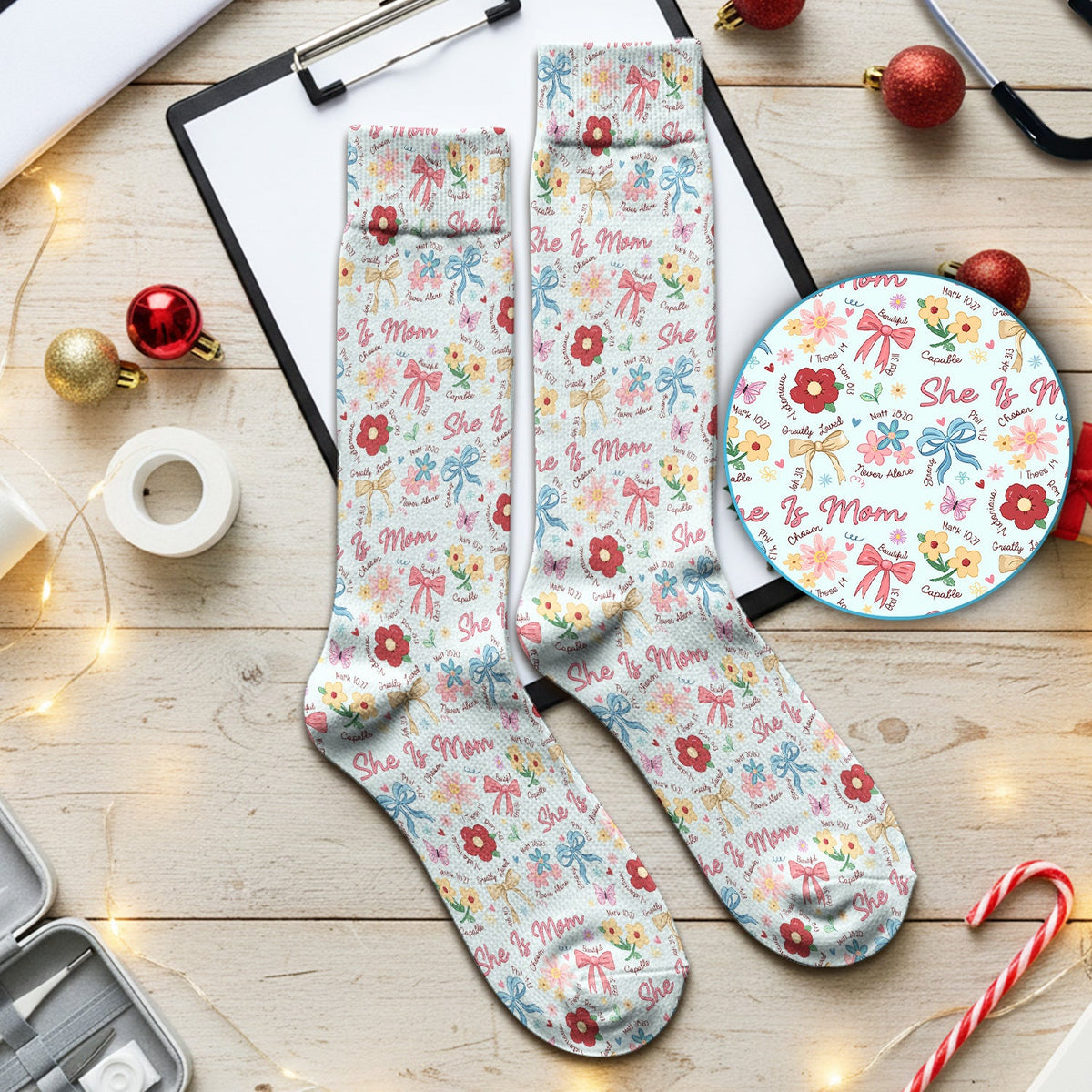 She Is Mom Floral Bow Nurse Socks