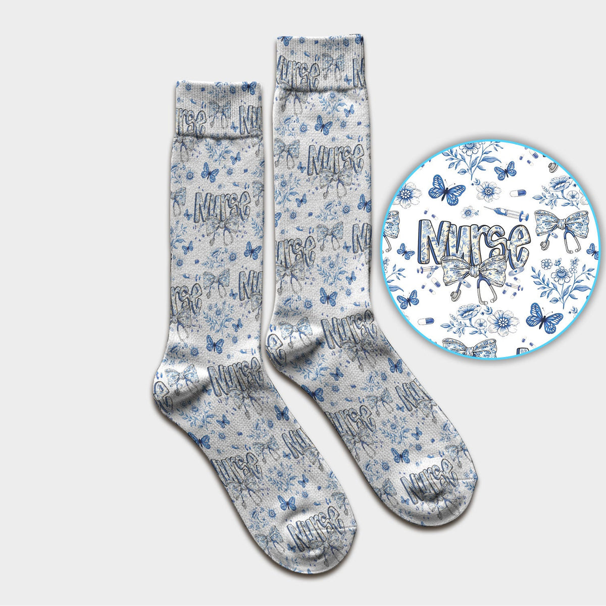Blue Nurse Bow Butterfly Floral Socks