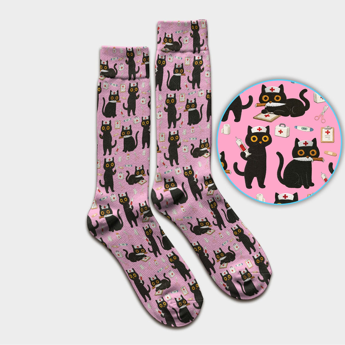 Cute Teal Black Cat Nurse Socks