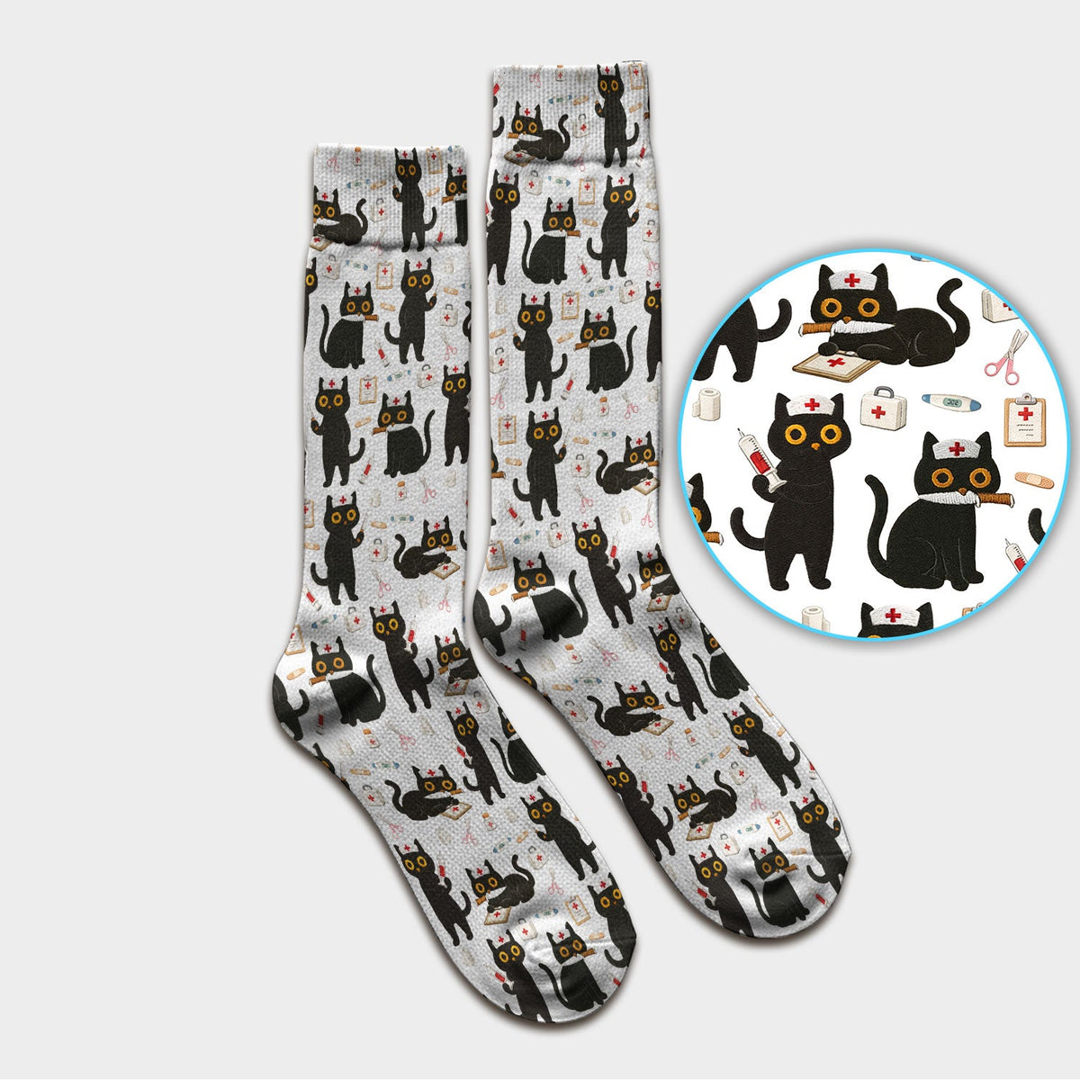 Cute Teal Black Cat Nurse Socks
