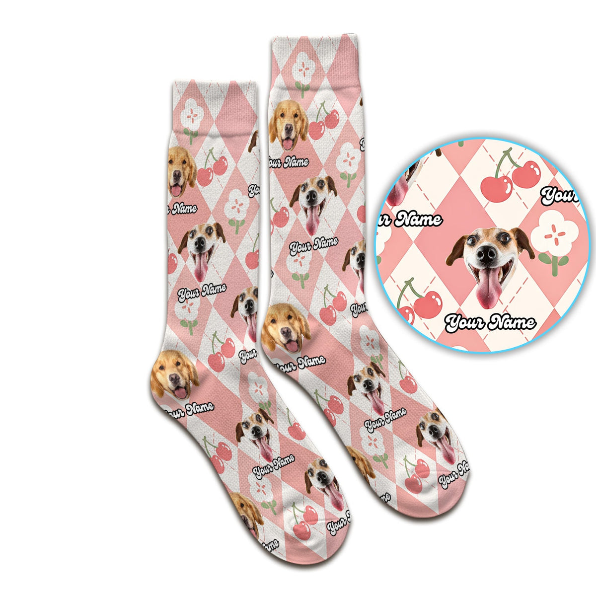Dog Face Cherry Argyle Nurse Socks