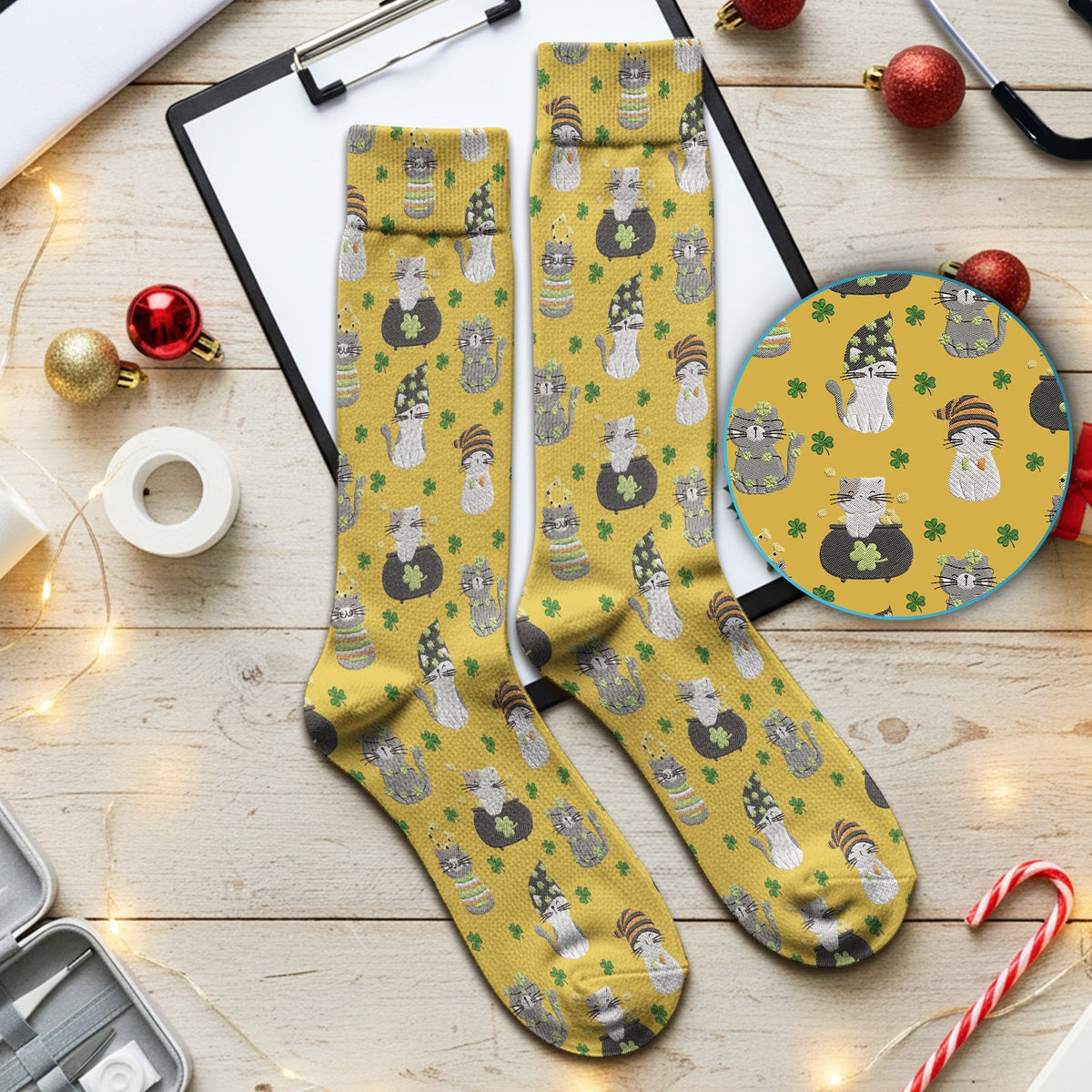 St Patrick Lucky Cat Shamrock Nurse Socks