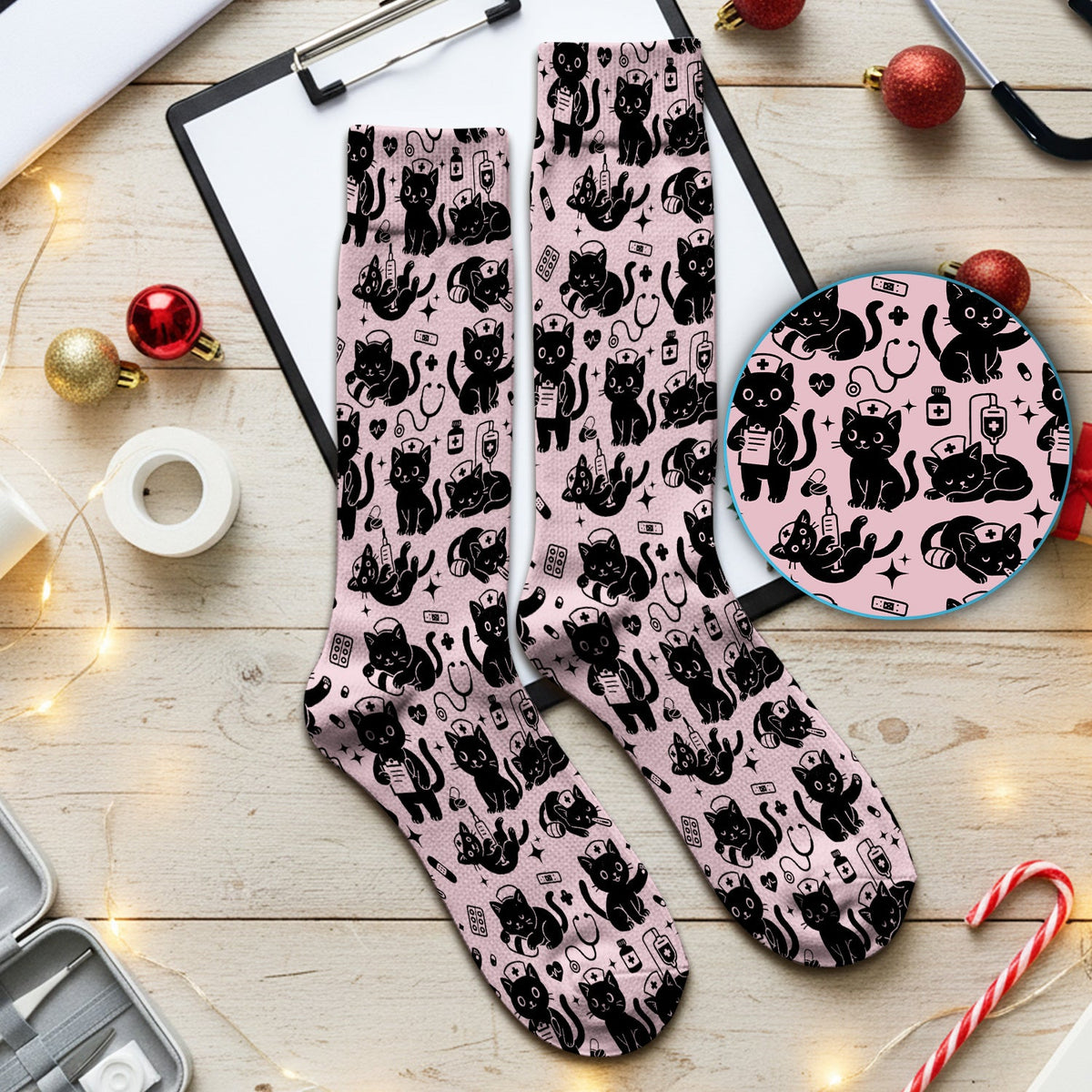 Cute White Black Cat Nurse Socks