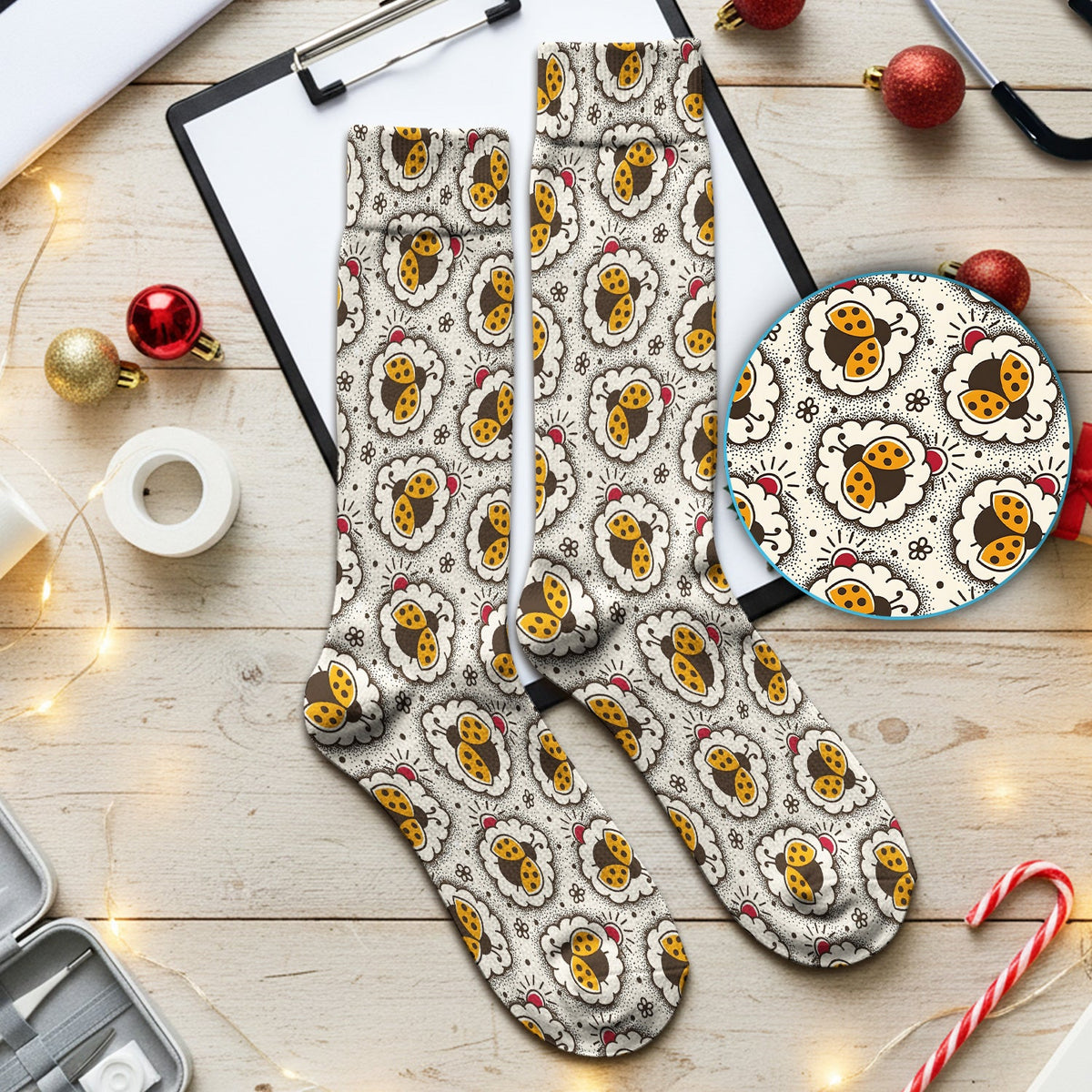 Ladybug Floral Frame Nurse Socks