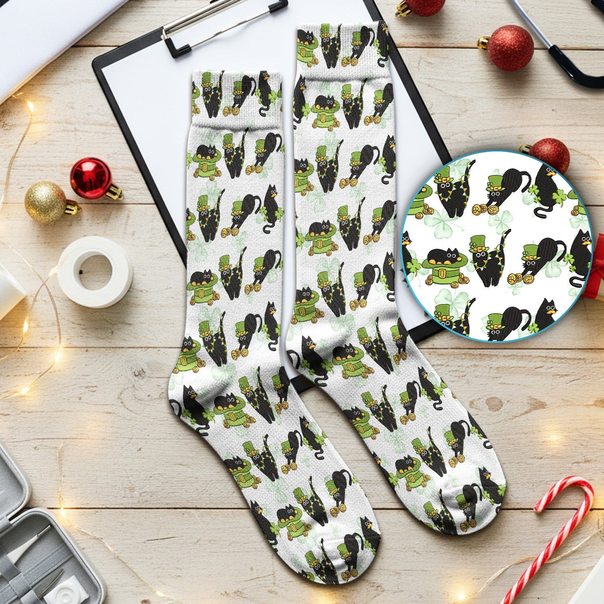 St Patrick Black Cat Clover Nurse Socks