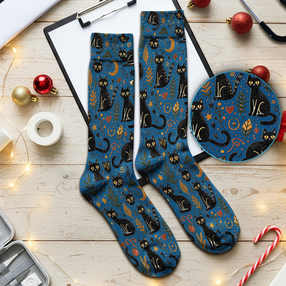 Mystic Black Cat Celestial Nurse Socks