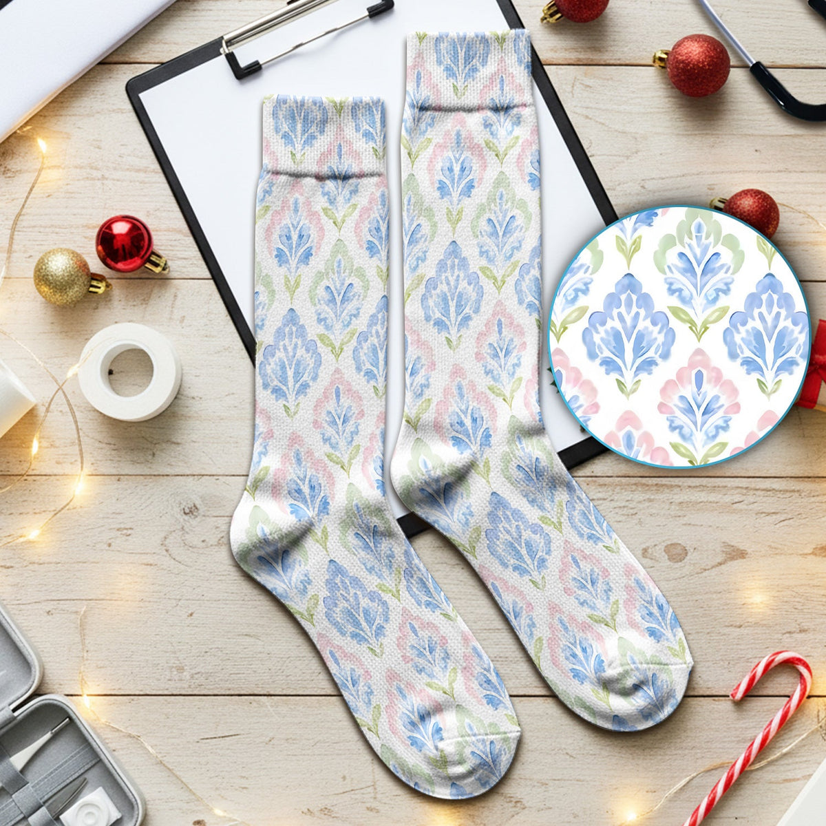 Blue Floral Damask Nurse Socks