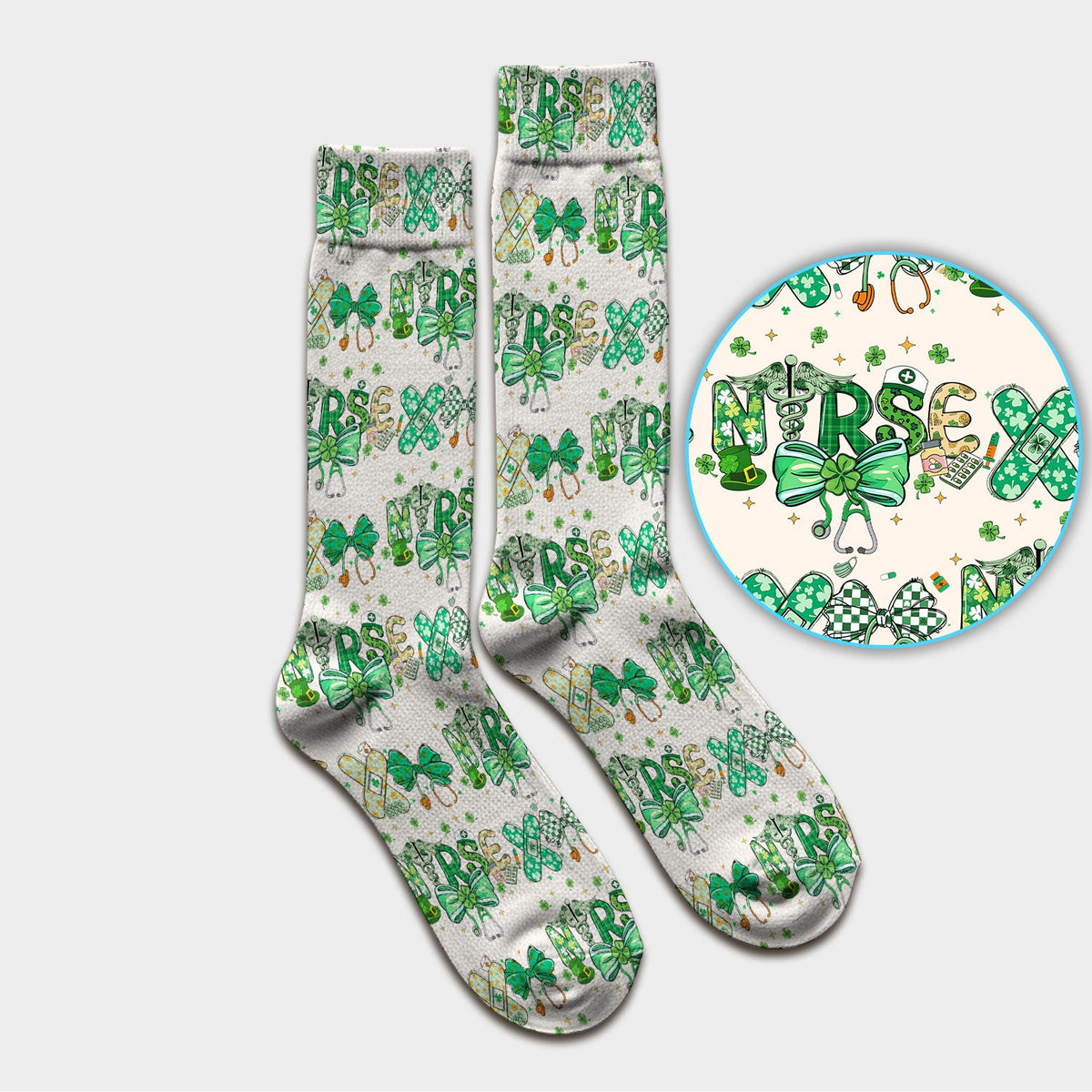 St Patrick Clover Green Bow Nurse Socks