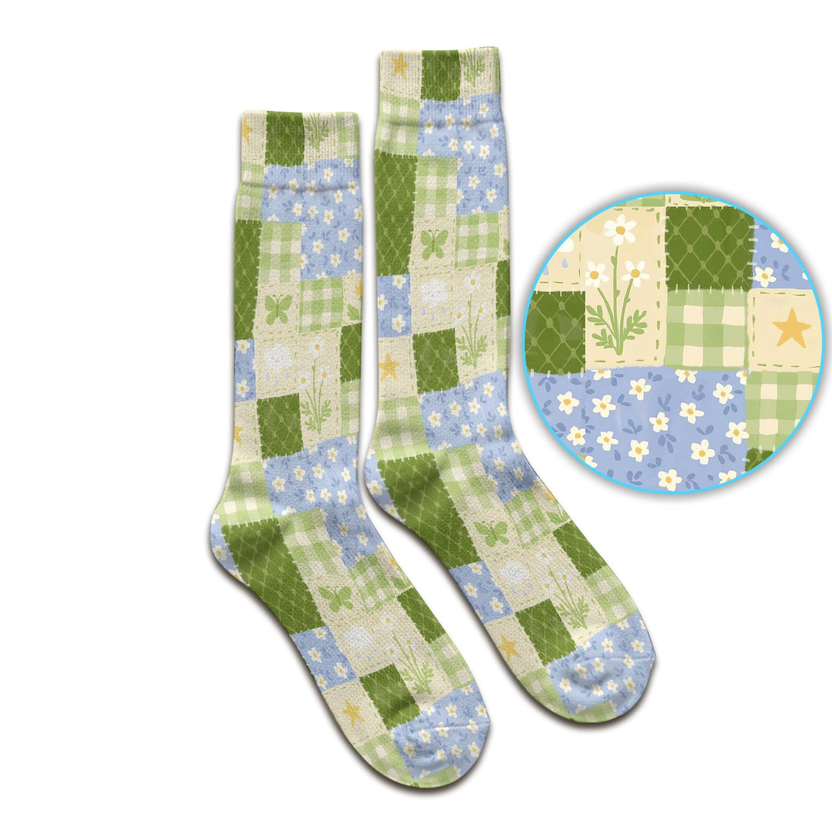 Green Patchwork Clover Floral Nurse Socks
