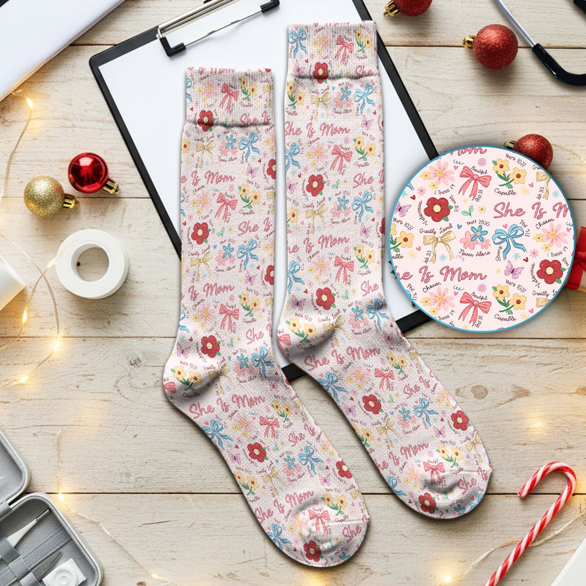 She Is Mom Floral Bow Nurse Socks