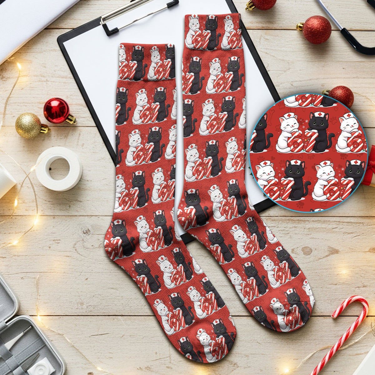 Xmas Cat Six Seven Nurse Socks