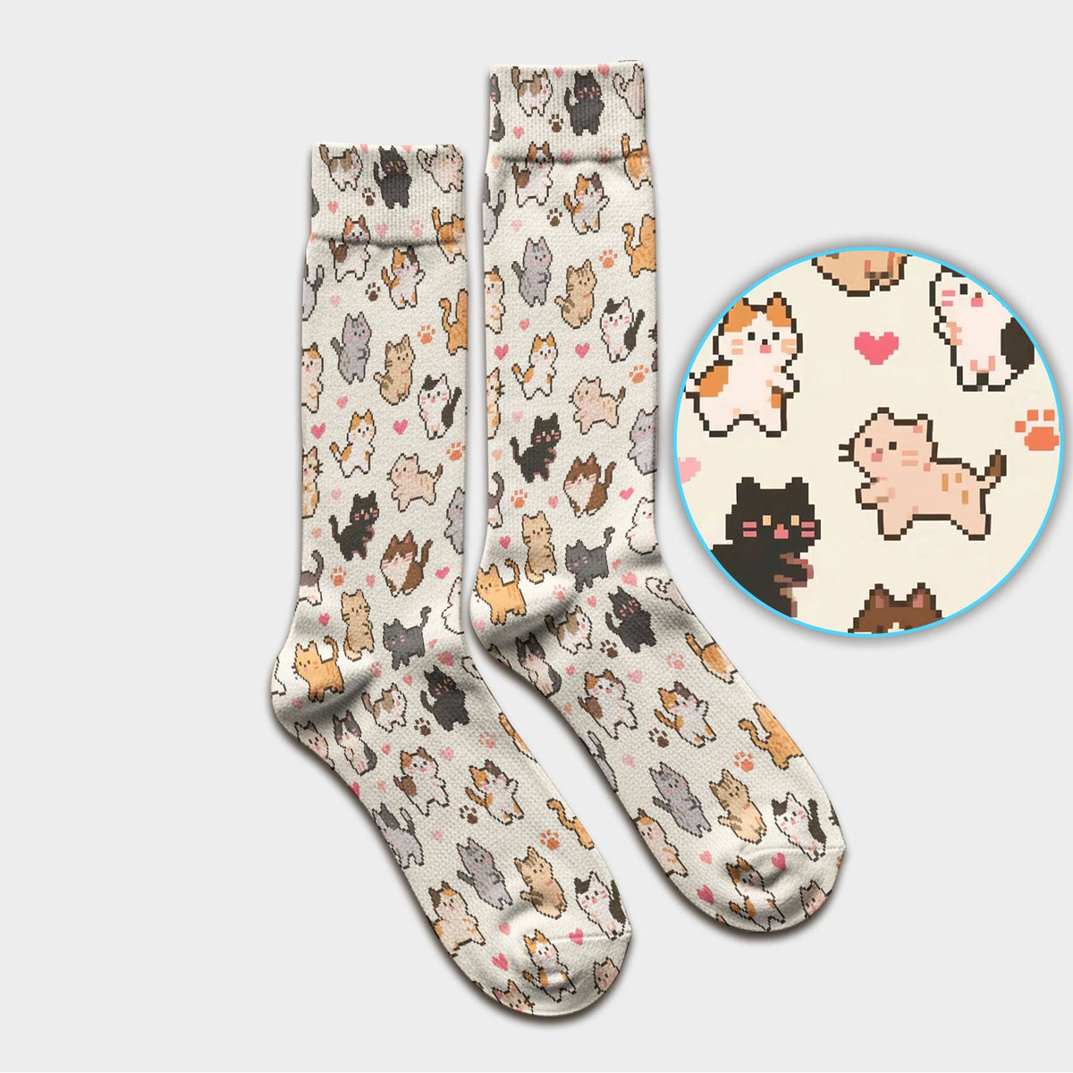 Pixel Cat Heart Paw Nurse Socks