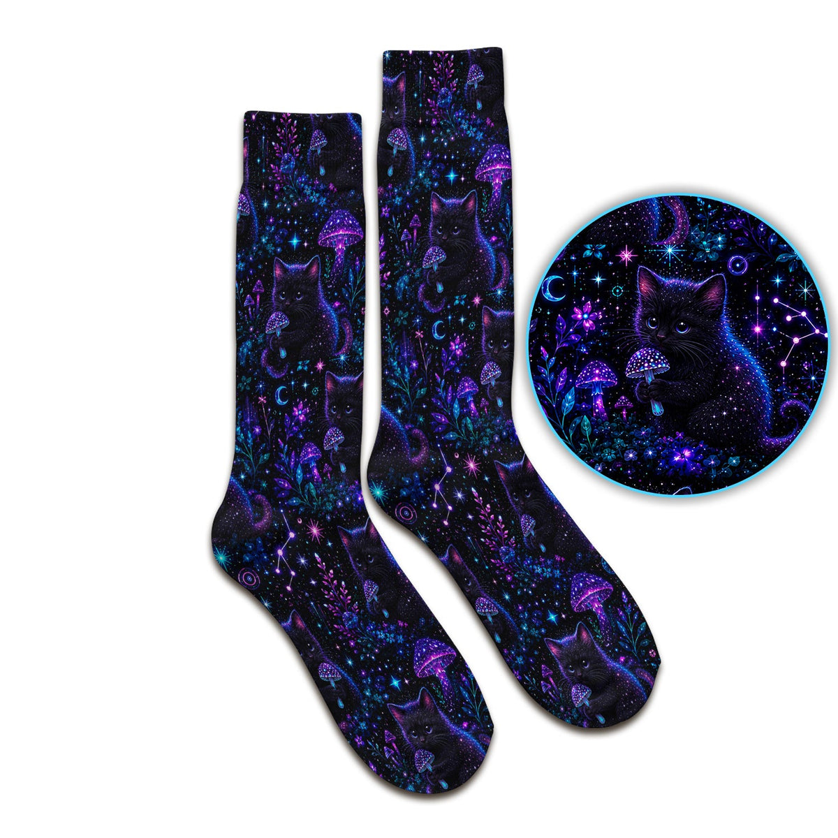 Neon Black Cat Mushroom Galaxy Nurse Socks