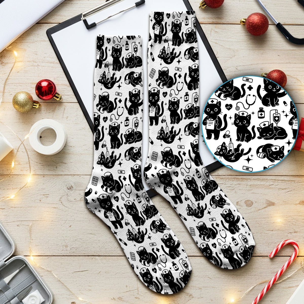 Cute White Black Cat Nurse Socks
