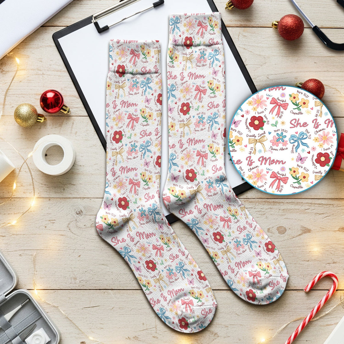 She Is Mom Floral Bow Nurse Socks