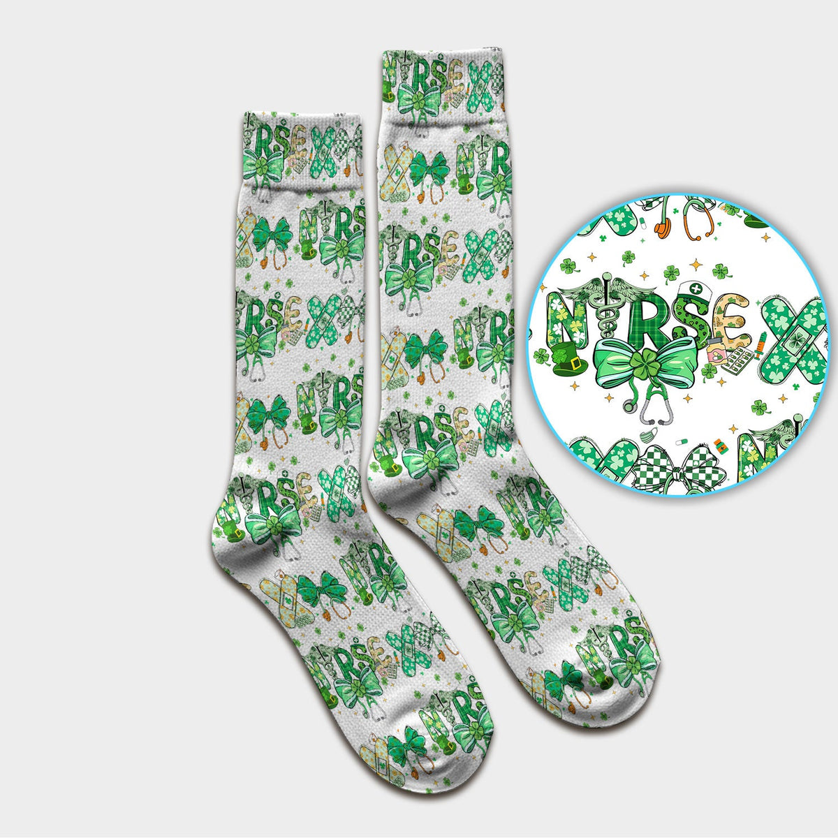 St Patrick Clover Green Bow Nurse Socks