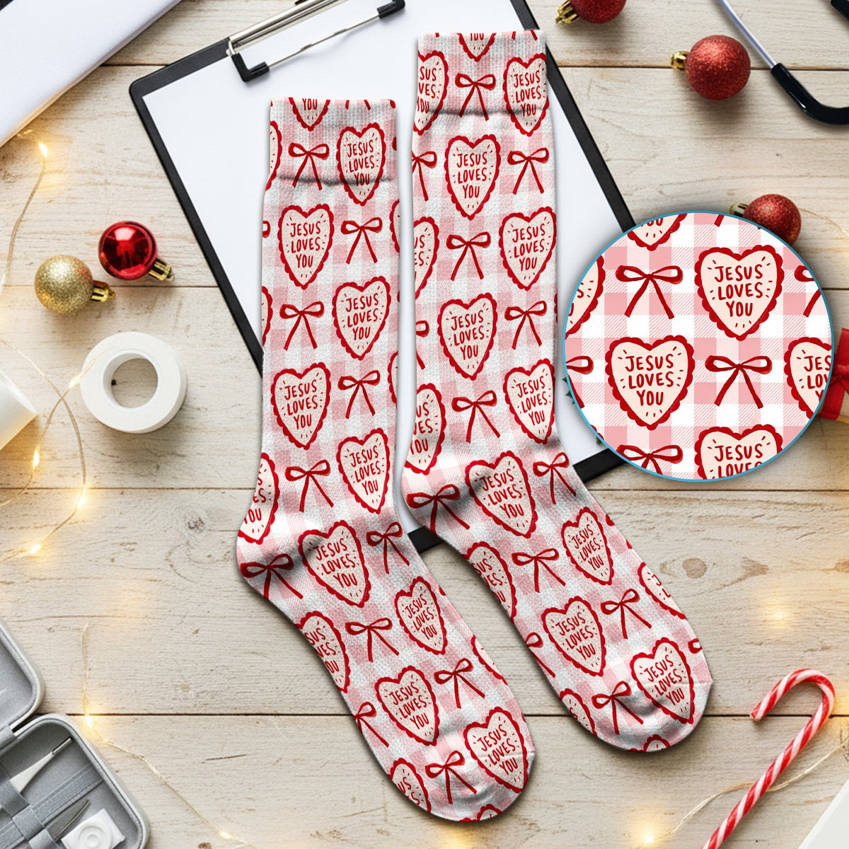 Jesus Loves You Heart Plaid Nurse Socks