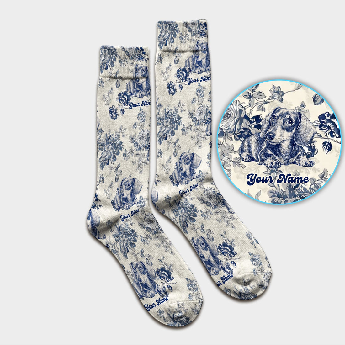 Personalized Vintage Floral Dachshund Portrait Nurse Socks