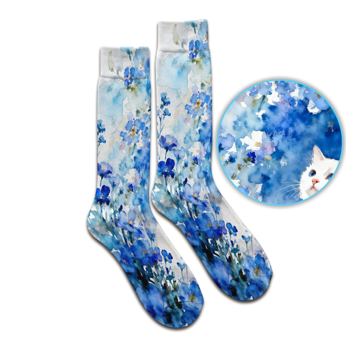 Adorable Blue Floral White Cat Nurse Socks
