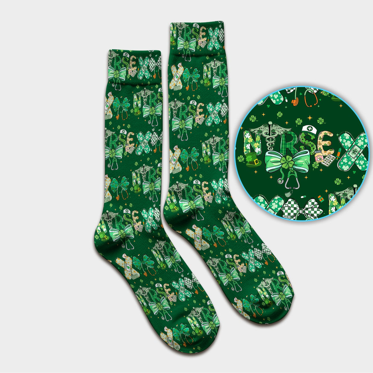 St Patrick Clover Green Bow Nurse Socks