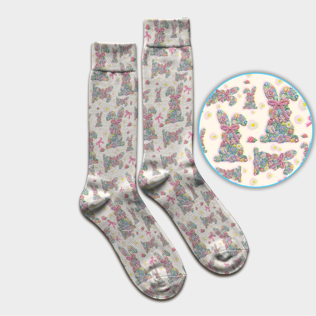 Colorful Floral Bunny Pink Bow Nurse Socks