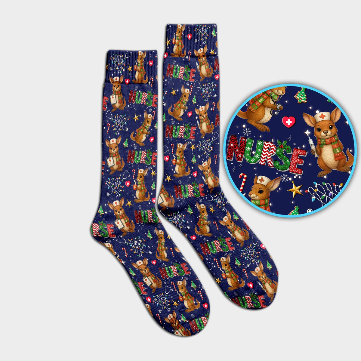 Aussie Kangaroo Christmas Socks for Nurse Doctor - Funny Holiday Adult Socks for Men and Women - Breathable Fabrics Medical Uniform